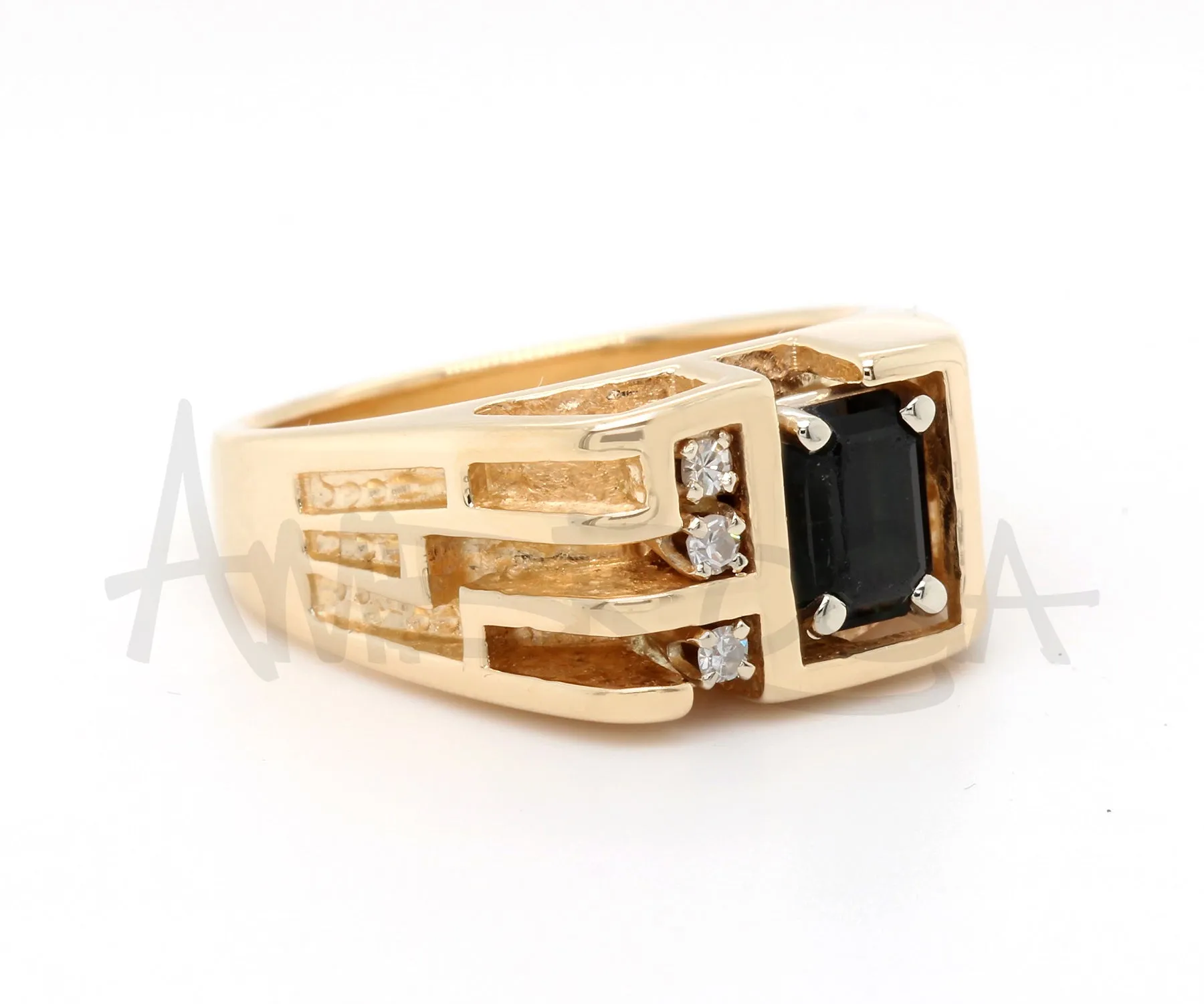 Geometric Cutout Gold Black Diamond Mens Ring
