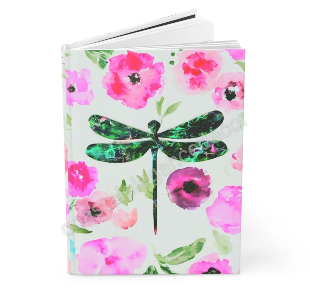 Green Original Art Dragonfly with Floral Background Hardcover Journal