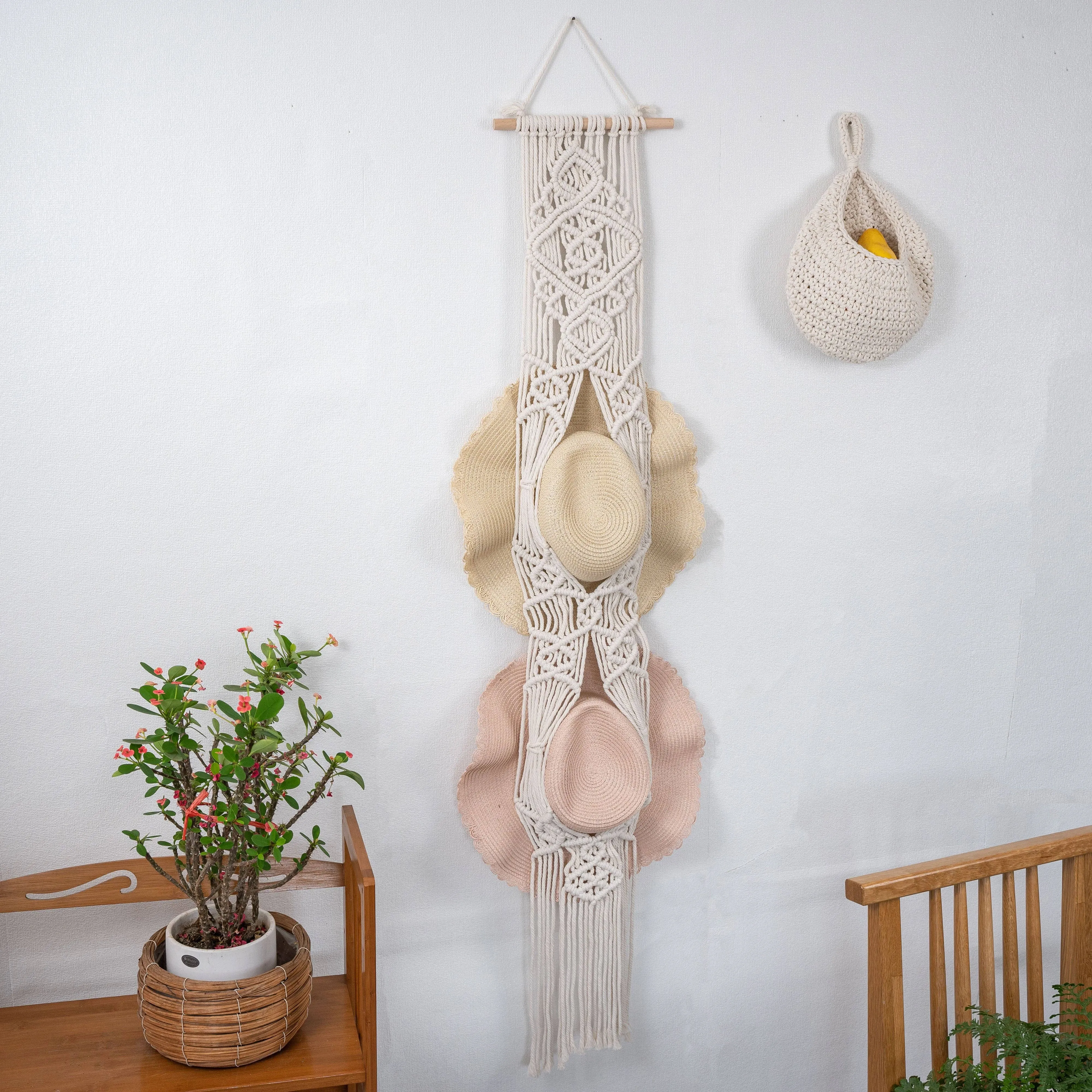 Handmade Macrame Wall Mounted Wide Brim Hat Hanger Display