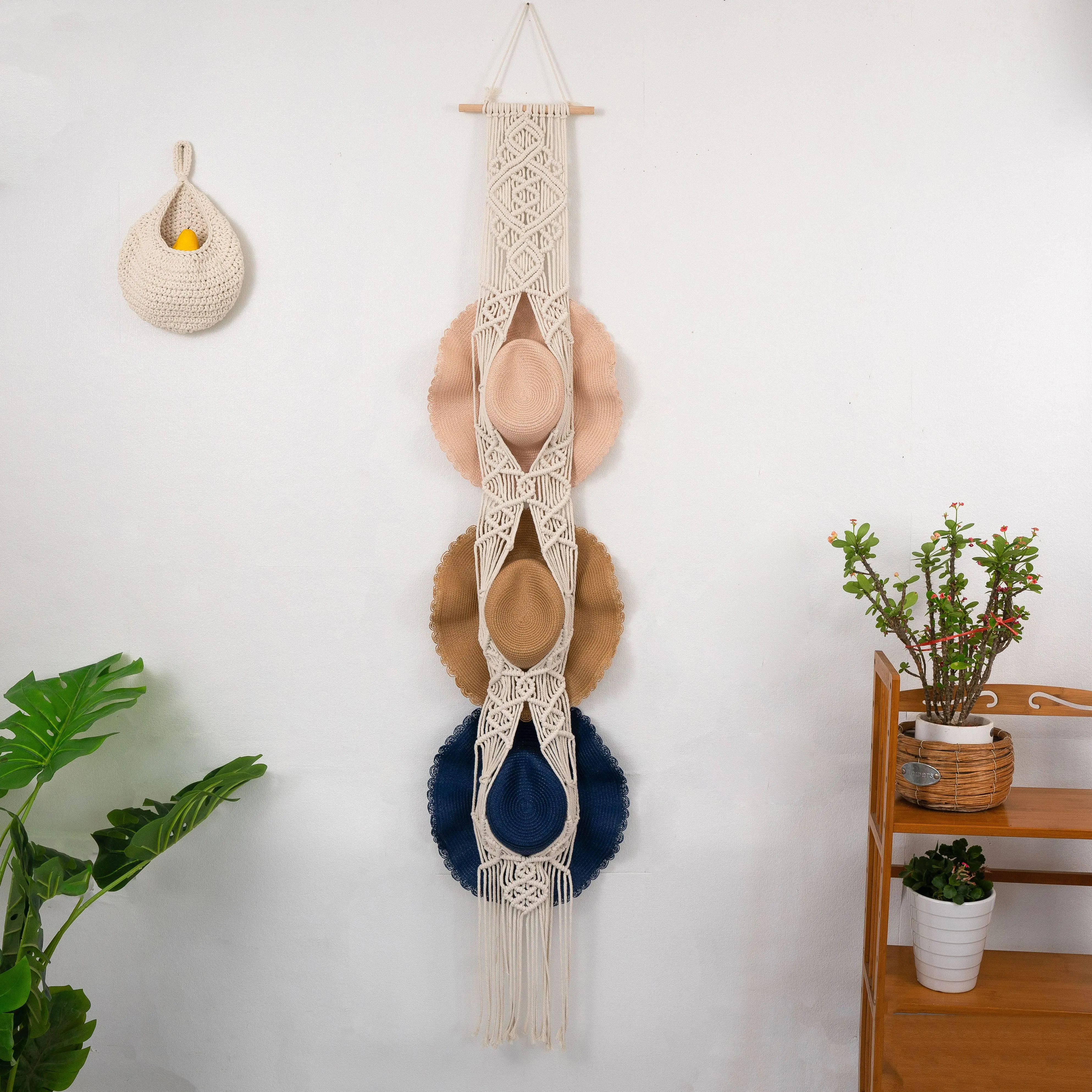 Handmade Macrame Wall Mounted Wide Brim Hat Hanger Display