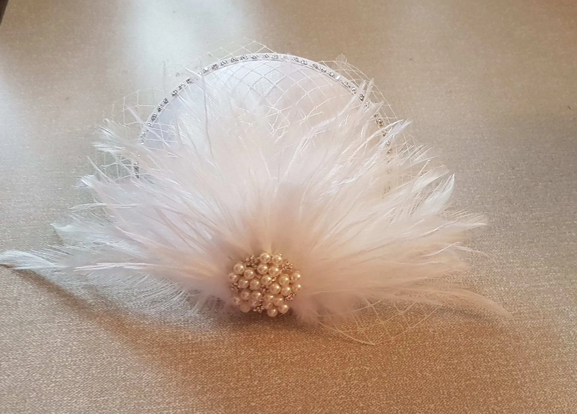 Hat fascinator Bridal fascinator #Feather hat fascinator White Ivory netting Wedding hair accessory