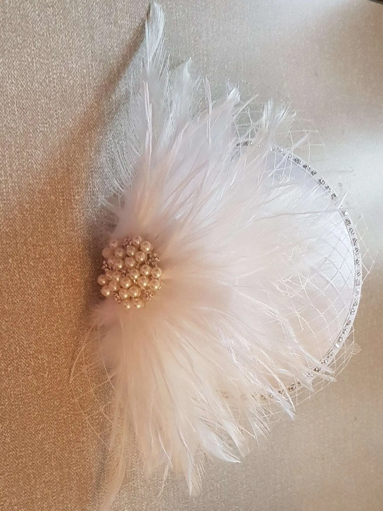 Hat fascinator Bridal fascinator #Feather hat fascinator White Ivory netting Wedding hair accessory
