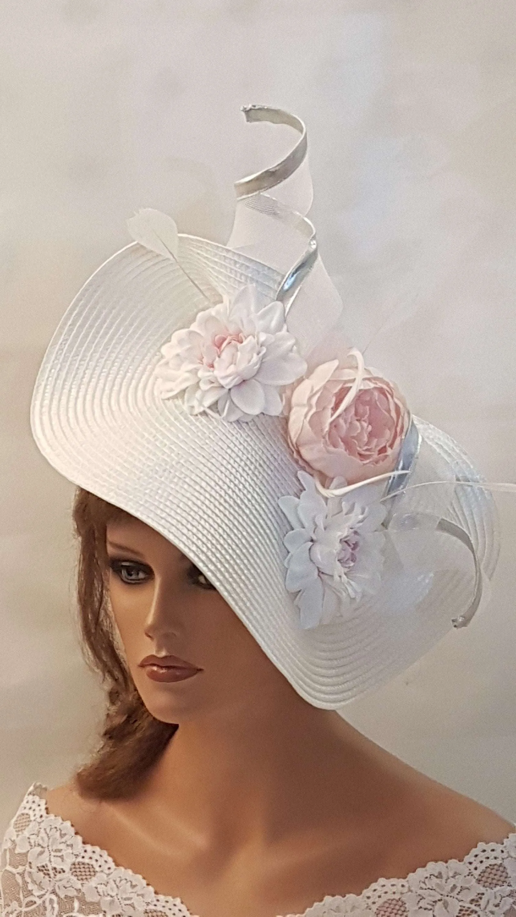 Hats & Fascinators for Mother of the Bride Pink & White hat fascinator large saucer Hatinator Kentucky Derby Ascot Race Wedding Cocktail Party hat