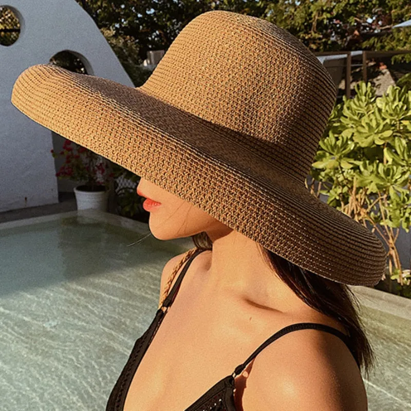 HT2303 Summer Sun Hats Ladies Solid Plain Elegant Wide Brim Hat Female Round Top Panama Floppy Straw Beach Hat Women
