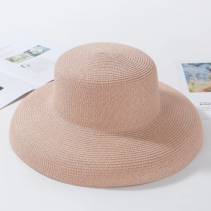 HT2303 Summer Sun Hats Ladies Solid Plain Elegant Wide Brim Hat Female Round Top Panama Floppy Straw Beach Hat Women