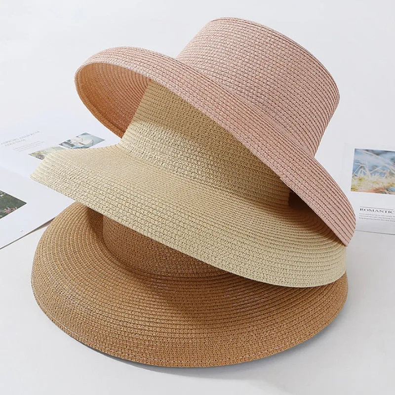 HT2303 Summer Sun Hats Ladies Solid Plain Elegant Wide Brim Hat Female Round Top Panama Floppy Straw Beach Hat Women