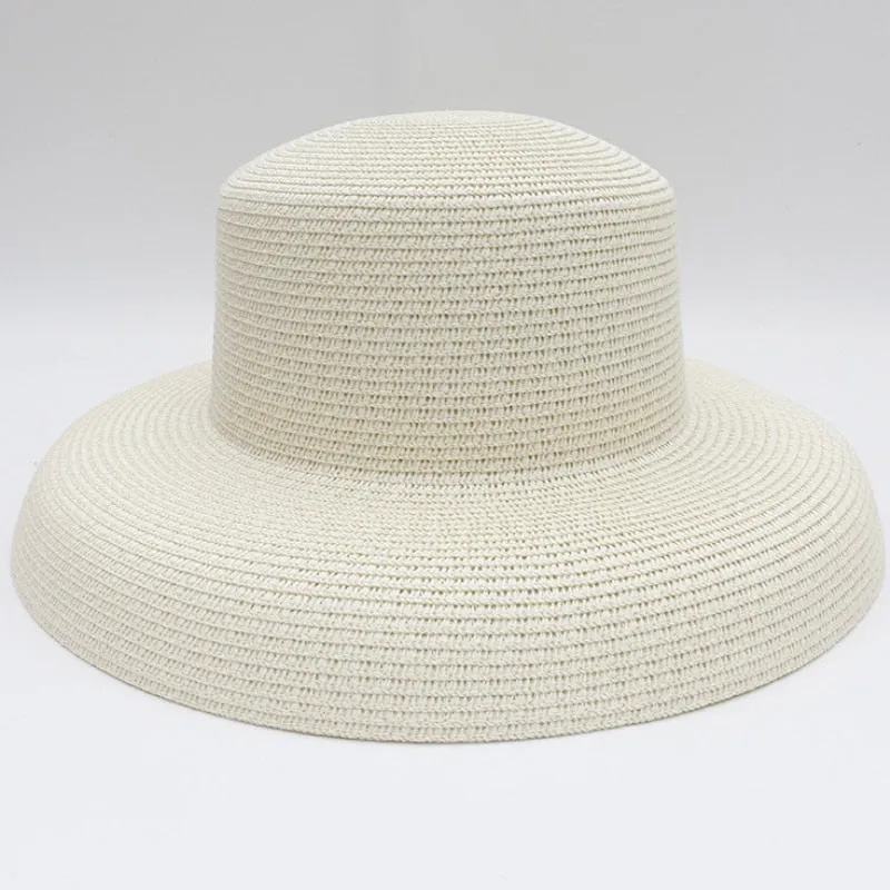 HT2303 Summer Sun Hats Ladies Solid Plain Elegant Wide Brim Hat Female Round Top Panama Floppy Straw Beach Hat Women