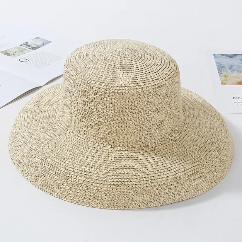 HT2303 Summer Sun Hats Ladies Solid Plain Elegant Wide Brim Hat Female Round Top Panama Floppy Straw Beach Hat Women