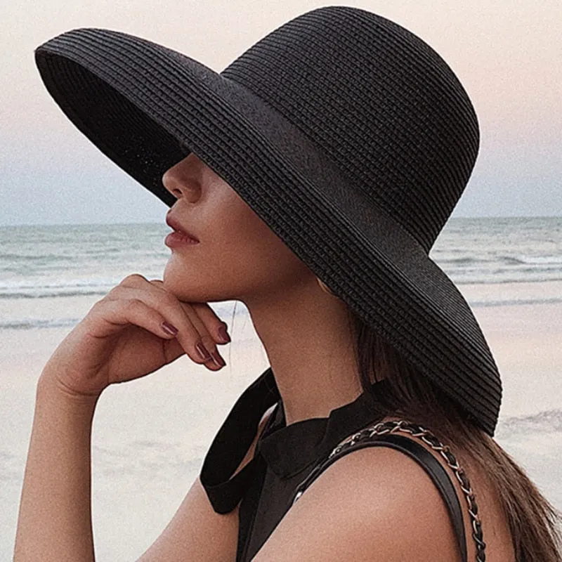 HT2303 Summer Sun Hats Ladies Solid Plain Elegant Wide Brim Hat Female Round Top Panama Floppy Straw Beach Hat Women