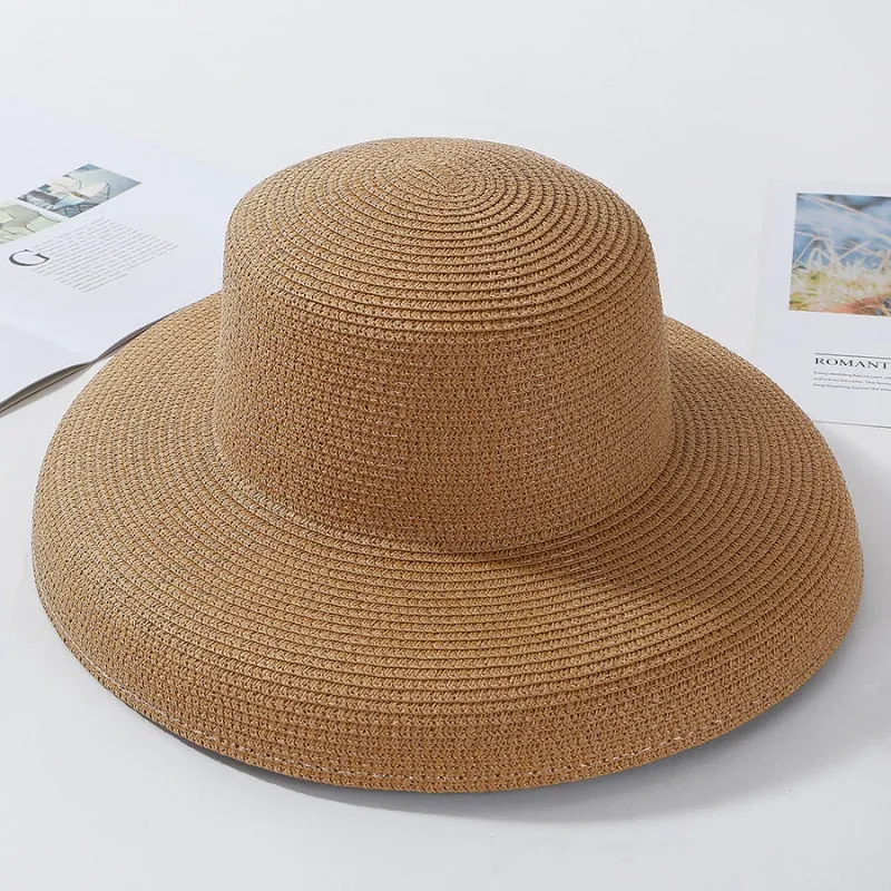 HT2303 Summer Sun Hats Ladies Solid Plain Elegant Wide Brim Hat Female Round Top Panama Floppy Straw Beach Hat Women