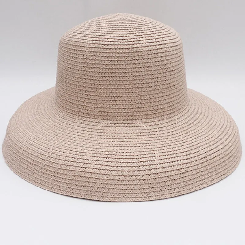 HT2303 Summer Sun Hats Ladies Solid Plain Elegant Wide Brim Hat Female Round Top Panama Floppy Straw Beach Hat Women