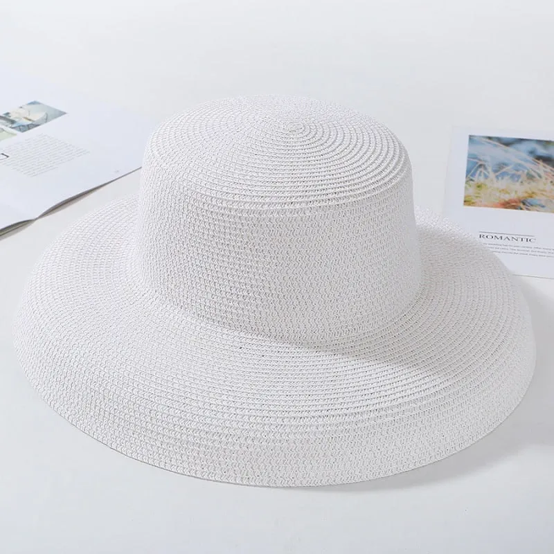 HT2303 Summer Sun Hats Ladies Solid Plain Elegant Wide Brim Hat Female Round Top Panama Floppy Straw Beach Hat Women