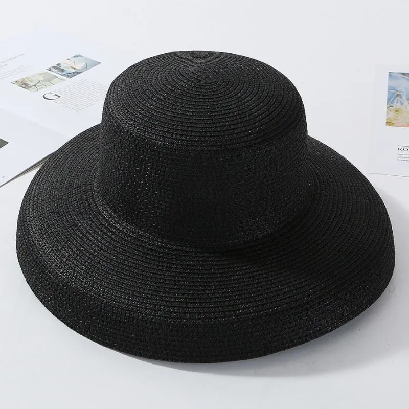 HT2303 Summer Sun Hats Ladies Solid Plain Elegant Wide Brim Hat Female Round Top Panama Floppy Straw Beach Hat Women