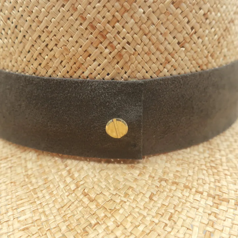 Janessa Leone Klint Straw Boater Hat Natural with Gray Suede Band Size Small