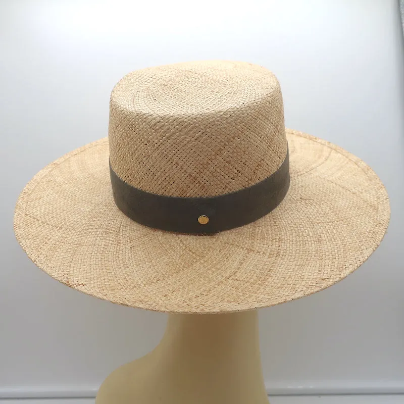Janessa Leone Klint Straw Boater Hat Natural with Gray Suede Band Size Small