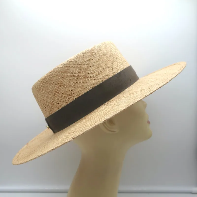 Janessa Leone Klint Straw Boater Hat Natural with Gray Suede Band Size Small