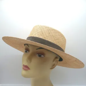 Janessa Leone Klint Straw Boater Hat Natural with Gray Suede Band Size Small