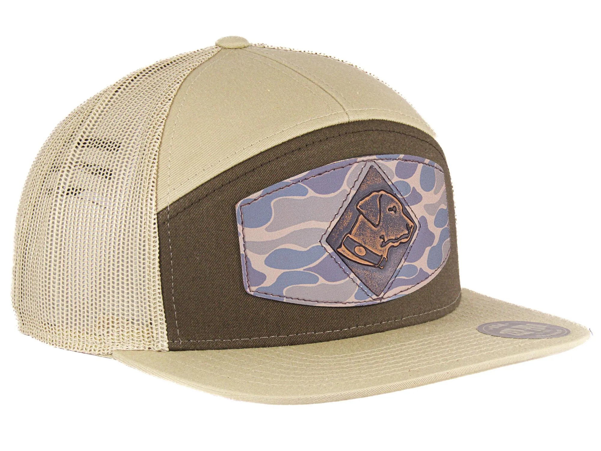 Lab Old School Camo Brown Leather Patch Hat. 7-Panel Modern Flat Bill Cap. Richardson 168 Trucker Snapback Hat. Hand Burnished Leather Patch.