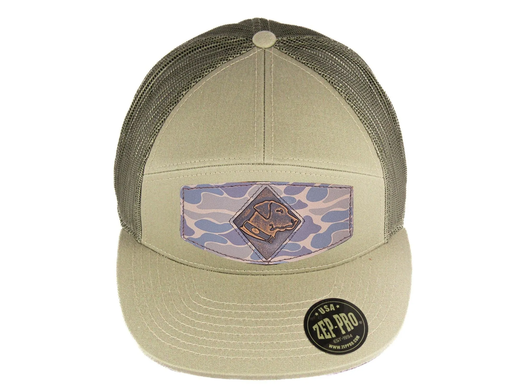 Lab Old School Camo Brown Leather Patch Hat. 7-Panel Modern Flat Bill Cap. Richardson 168 Trucker Snapback Hat. Hand Burnished Leather Patch.