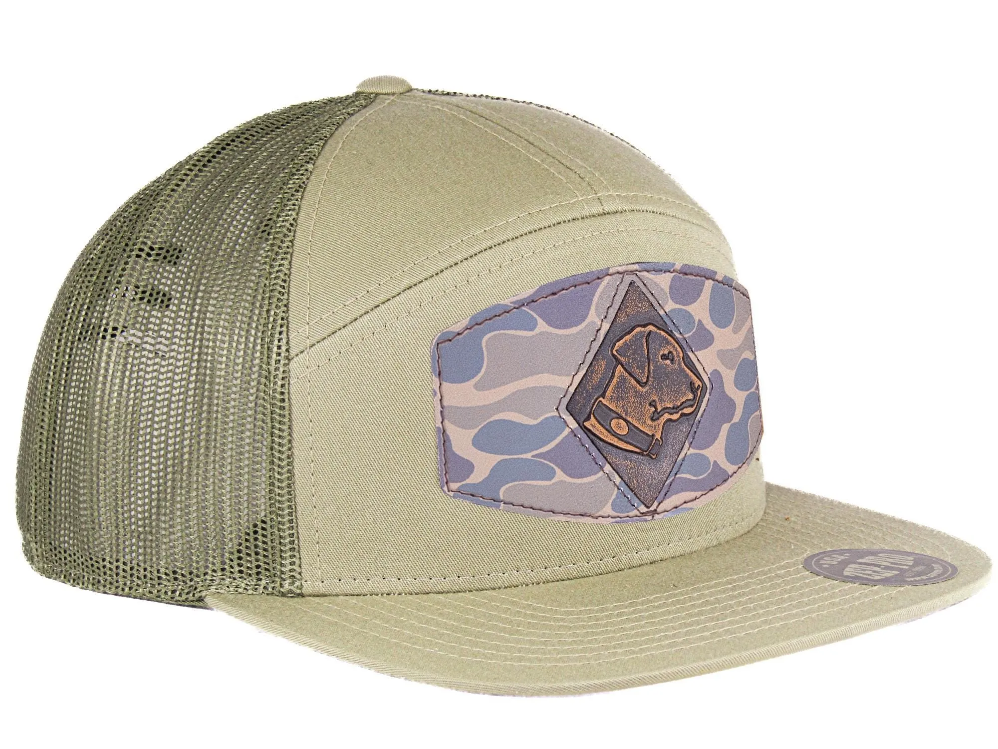 Lab Old School Camo Brown Leather Patch Hat. 7-Panel Modern Flat Bill Cap. Richardson 168 Trucker Snapback Hat. Hand Burnished Leather Patch.