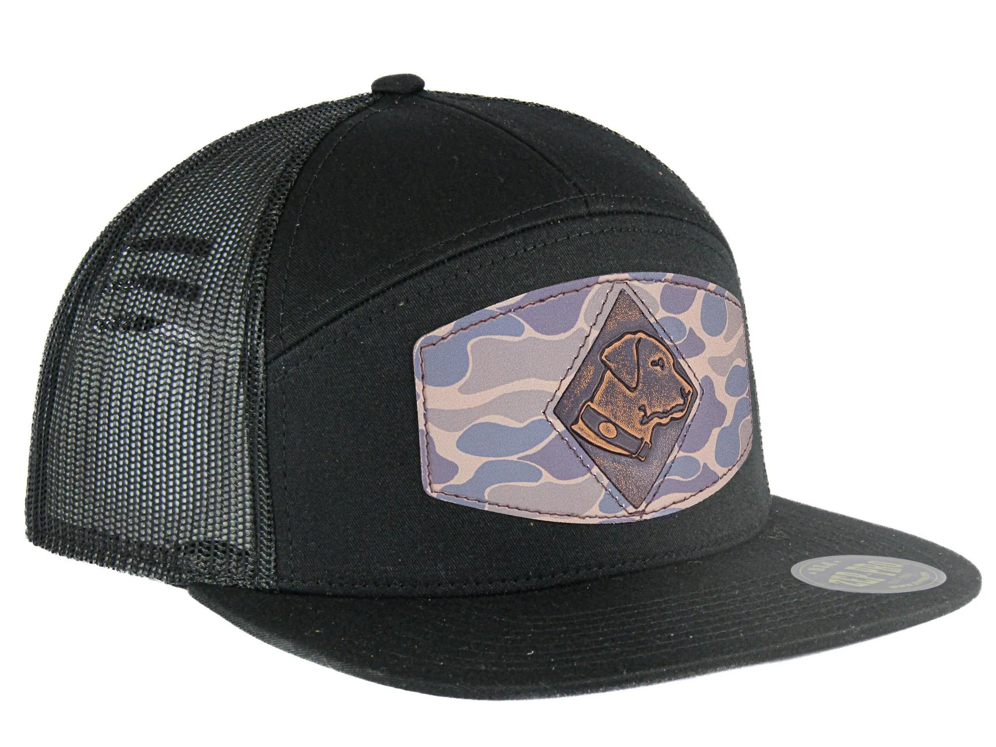 Lab Old School Camo Brown Leather Patch Hat. 7-Panel Modern Flat Bill Cap. Richardson 168 Trucker Snapback Hat. Hand Burnished Leather Patch.