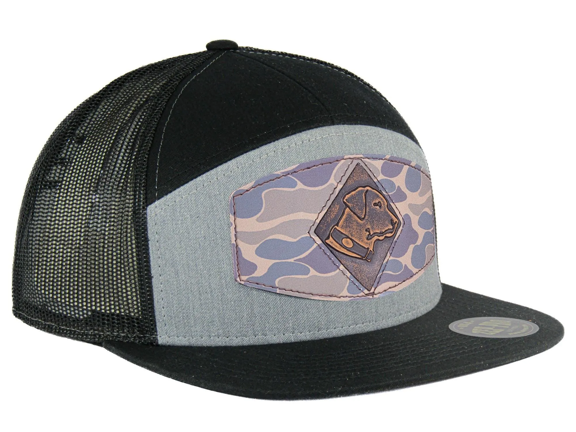 Lab Old School Camo Brown Leather Patch Hat. 7-Panel Modern Flat Bill Cap. Richardson 168 Trucker Snapback Hat. Hand Burnished Leather Patch.