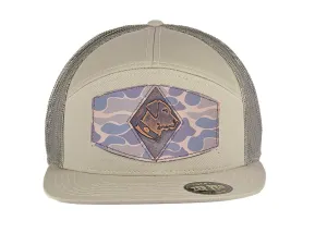 Lab Old School Camo Brown Leather Patch Hat. 7-Panel Modern Flat Bill Cap. Richardson 168 Trucker Snapback Hat. Hand Burnished Leather Patch.