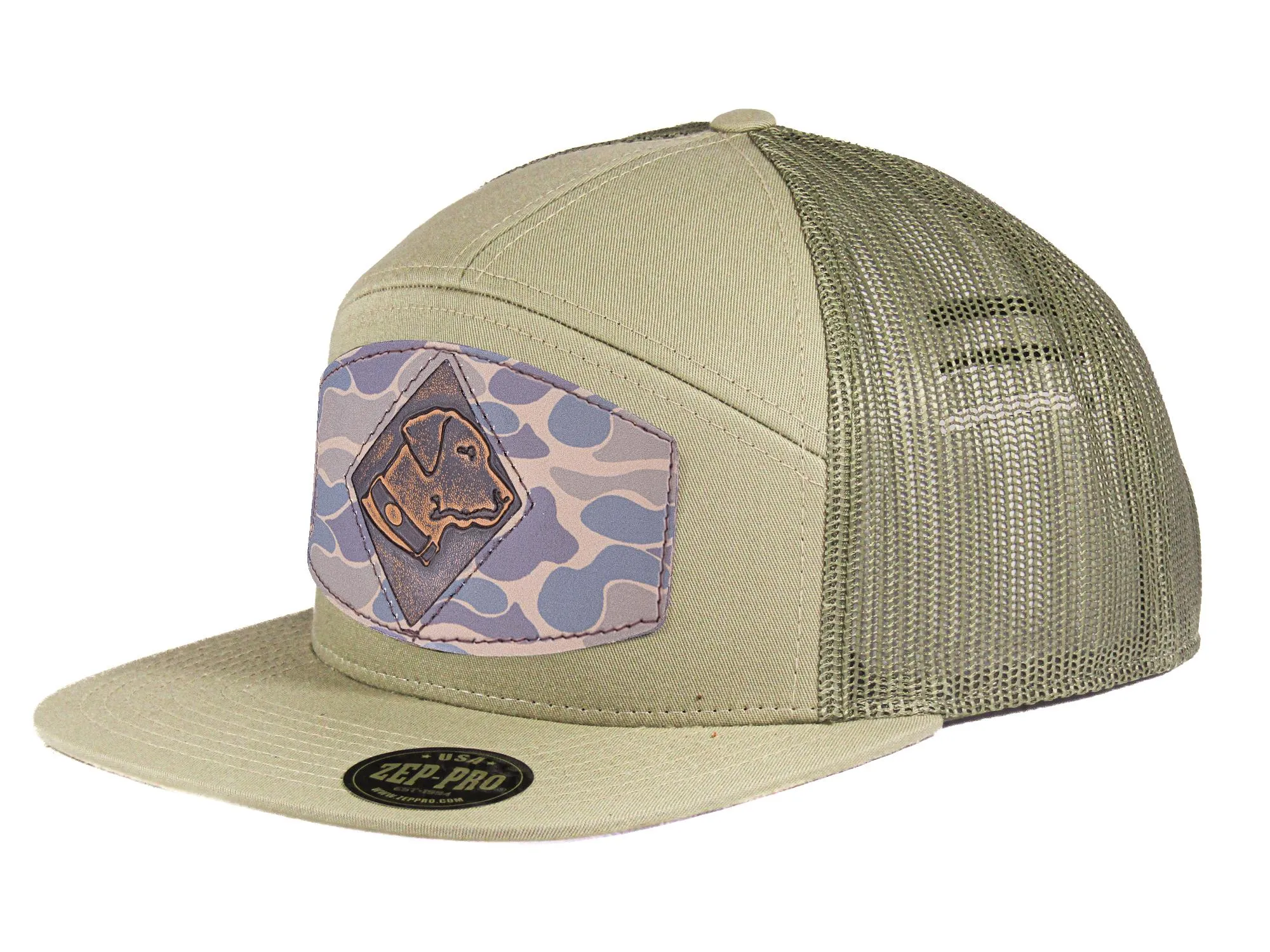 Lab Old School Camo Brown Leather Patch Hat. 7-Panel Modern Flat Bill Cap. Richardson 168 Trucker Snapback Hat. Hand Burnished Leather Patch.