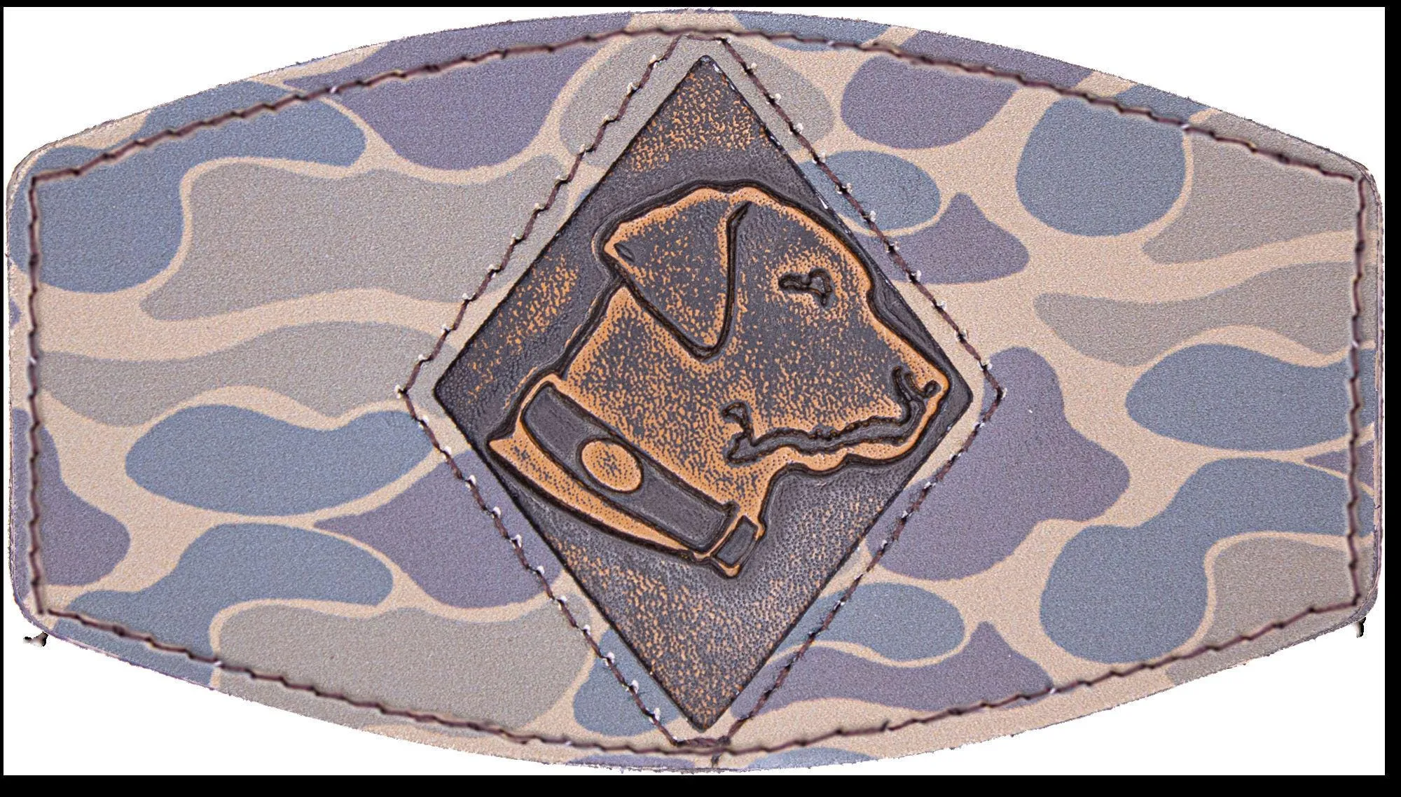 Lab Old School Camo Brown Leather Patch Hat. 7-Panel Modern Flat Bill Cap. Richardson 168 Trucker Snapback Hat. Hand Burnished Leather Patch.