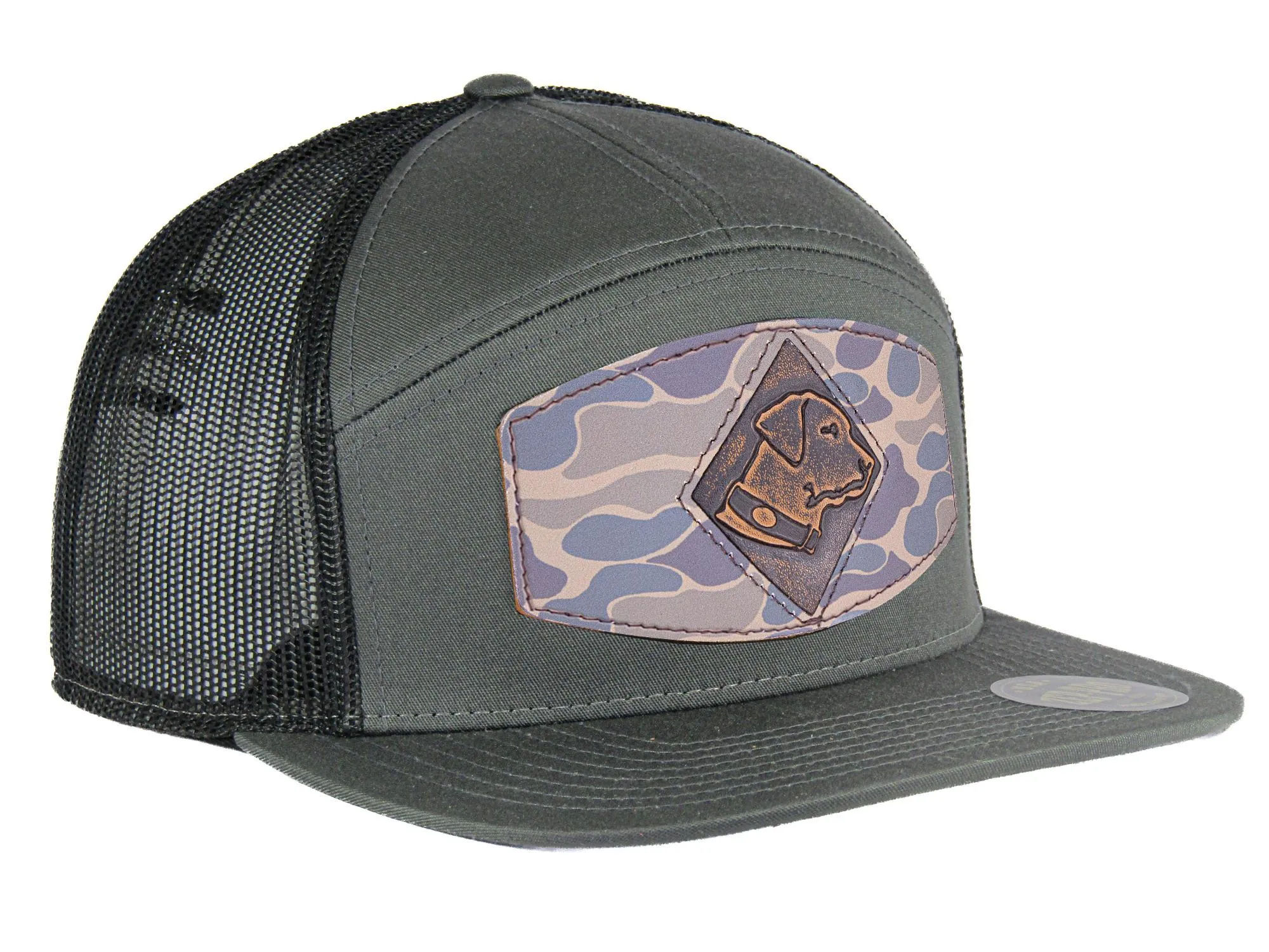 Lab Old School Camo Brown Leather Patch Hat. 7-Panel Modern Flat Bill Cap. Richardson 168 Trucker Snapback Hat. Hand Burnished Leather Patch.