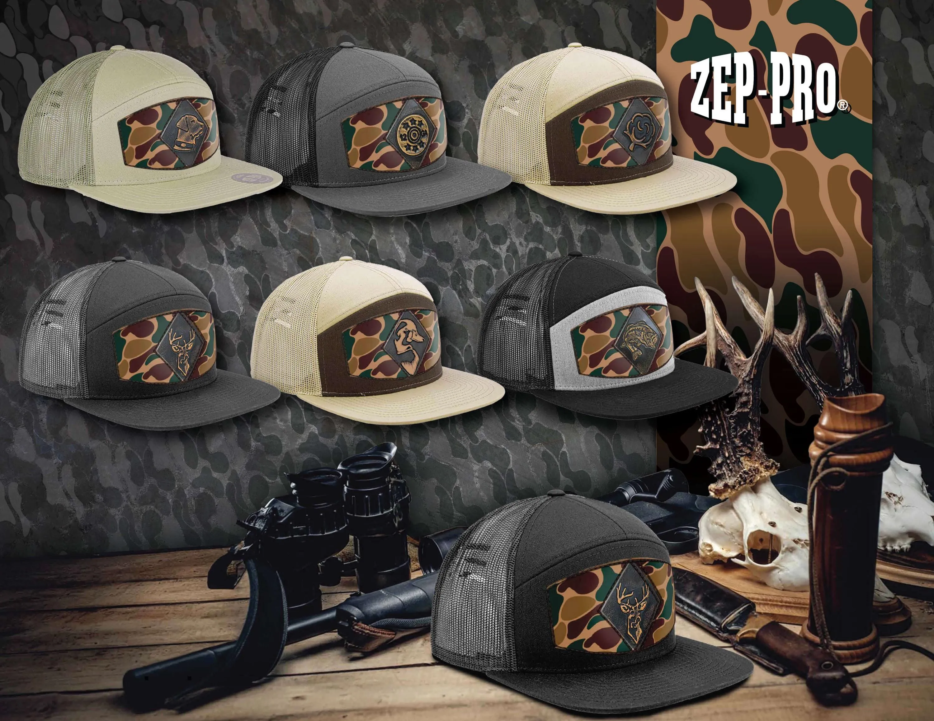 Lab Old School Camo Brown Leather Patch Hat. 7-Panel Modern Flat Bill Cap. Richardson 168 Trucker Snapback Hat. Hand Burnished Leather Patch.