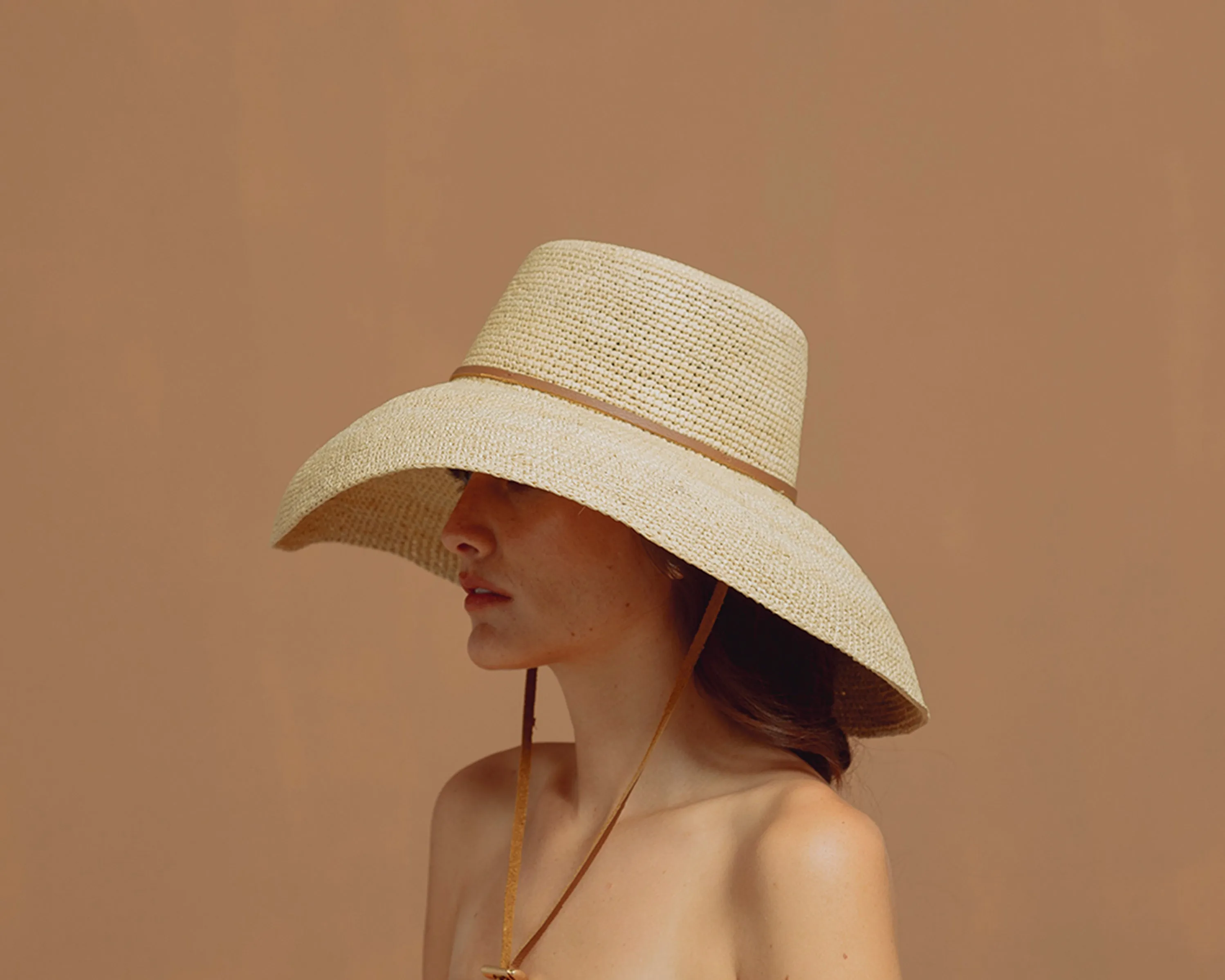 Lampshade Cordovan Crochet Long Brim Hat with Leather Band