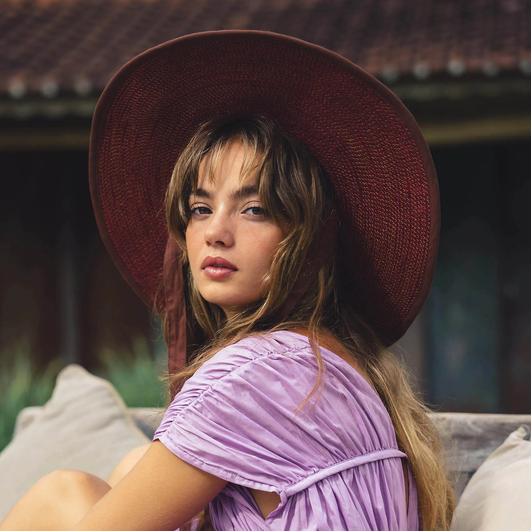 LOLO Wide-Brim Jute Boater Hat in Burgundy