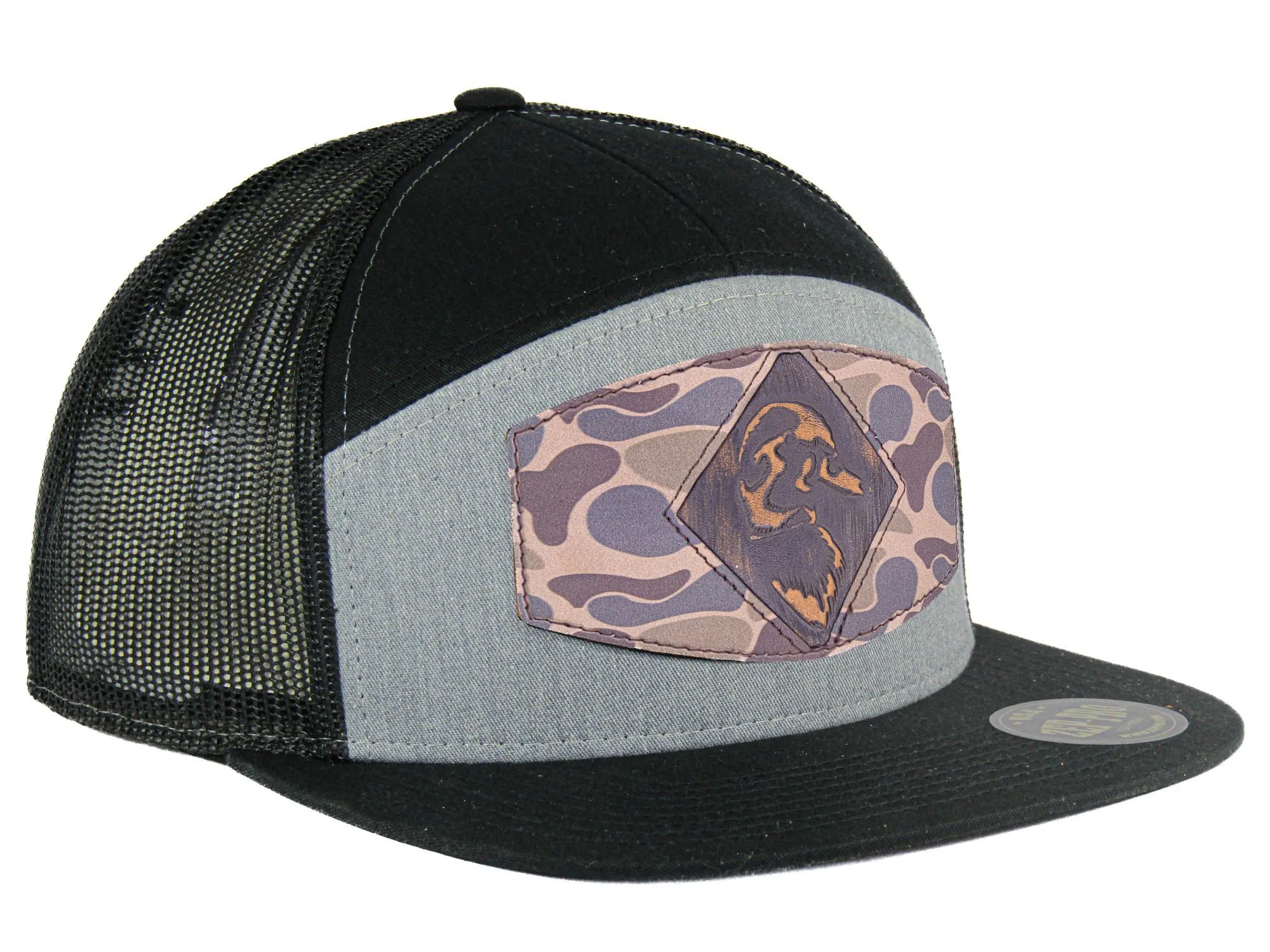 Mallard Old School Camo Brown Leather Patch Hat. 7-Panel Modern Flat Bill Cap. Richardson 168 Snapback Hat. Hand Burnished Leather Patch.