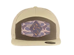 Mallard Old School Camo Brown Leather Patch Hat. 7-Panel Modern Flat Bill Cap. Richardson 168 Snapback Hat. Hand Burnished Leather Patch.