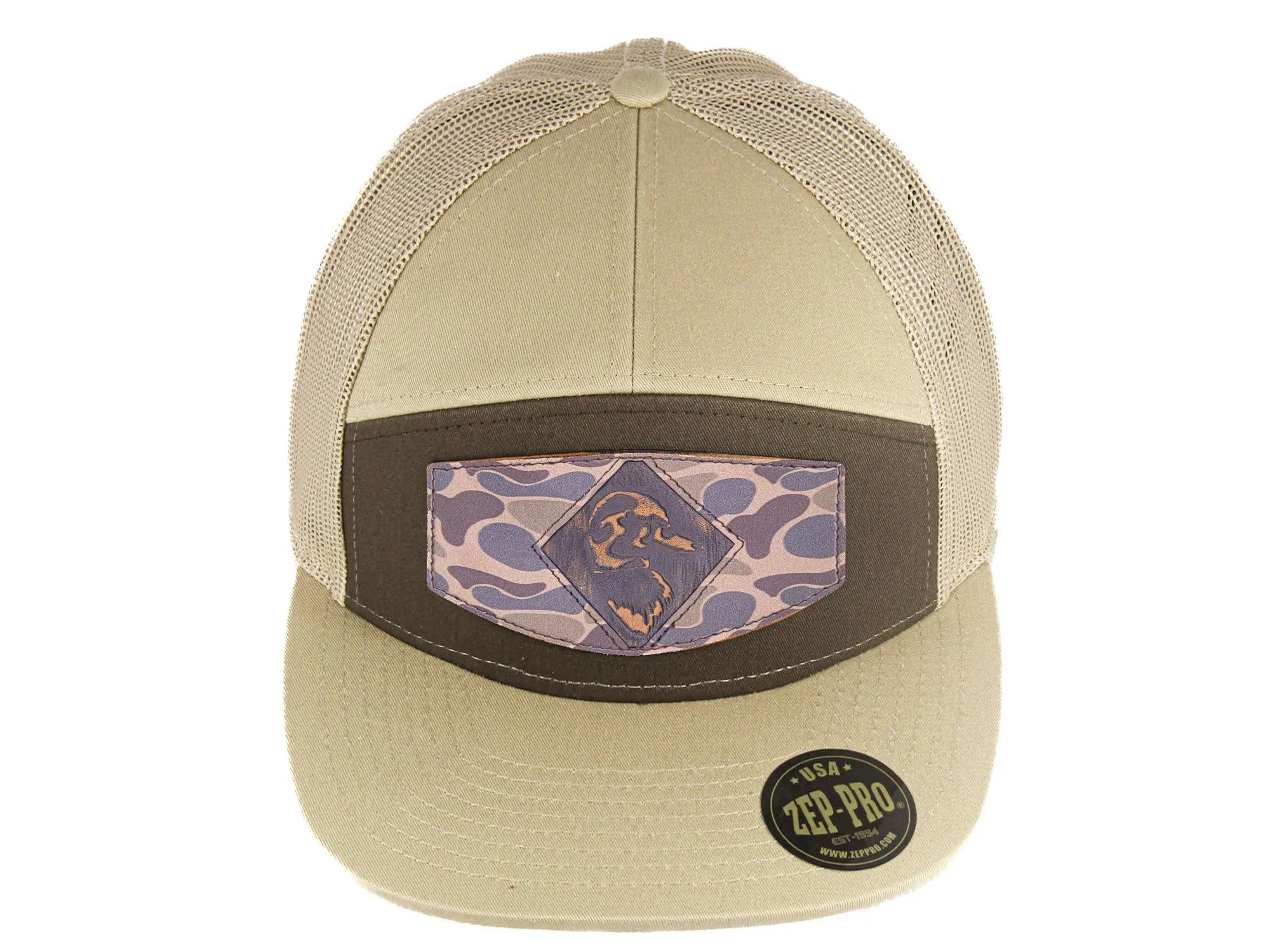 Mallard Old School Camo Brown Leather Patch Hat. 7-Panel Modern Flat Bill Cap. Richardson 168 Snapback Hat. Hand Burnished Leather Patch.