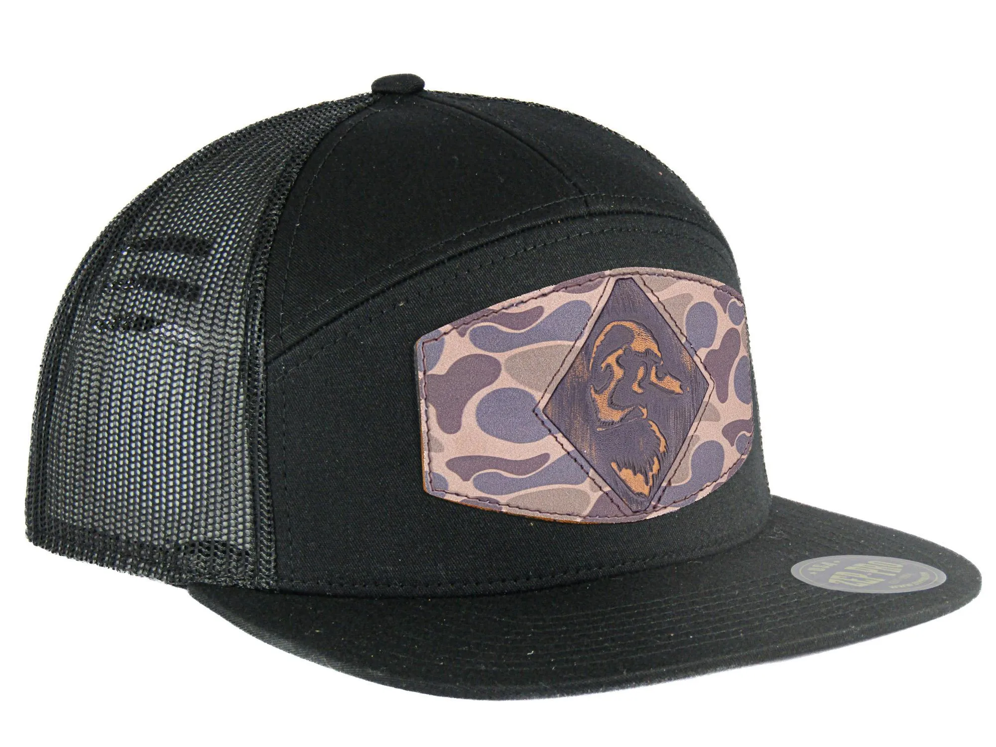 Mallard Old School Camo Brown Leather Patch Hat. 7-Panel Modern Flat Bill Cap. Richardson 168 Snapback Hat. Hand Burnished Leather Patch.