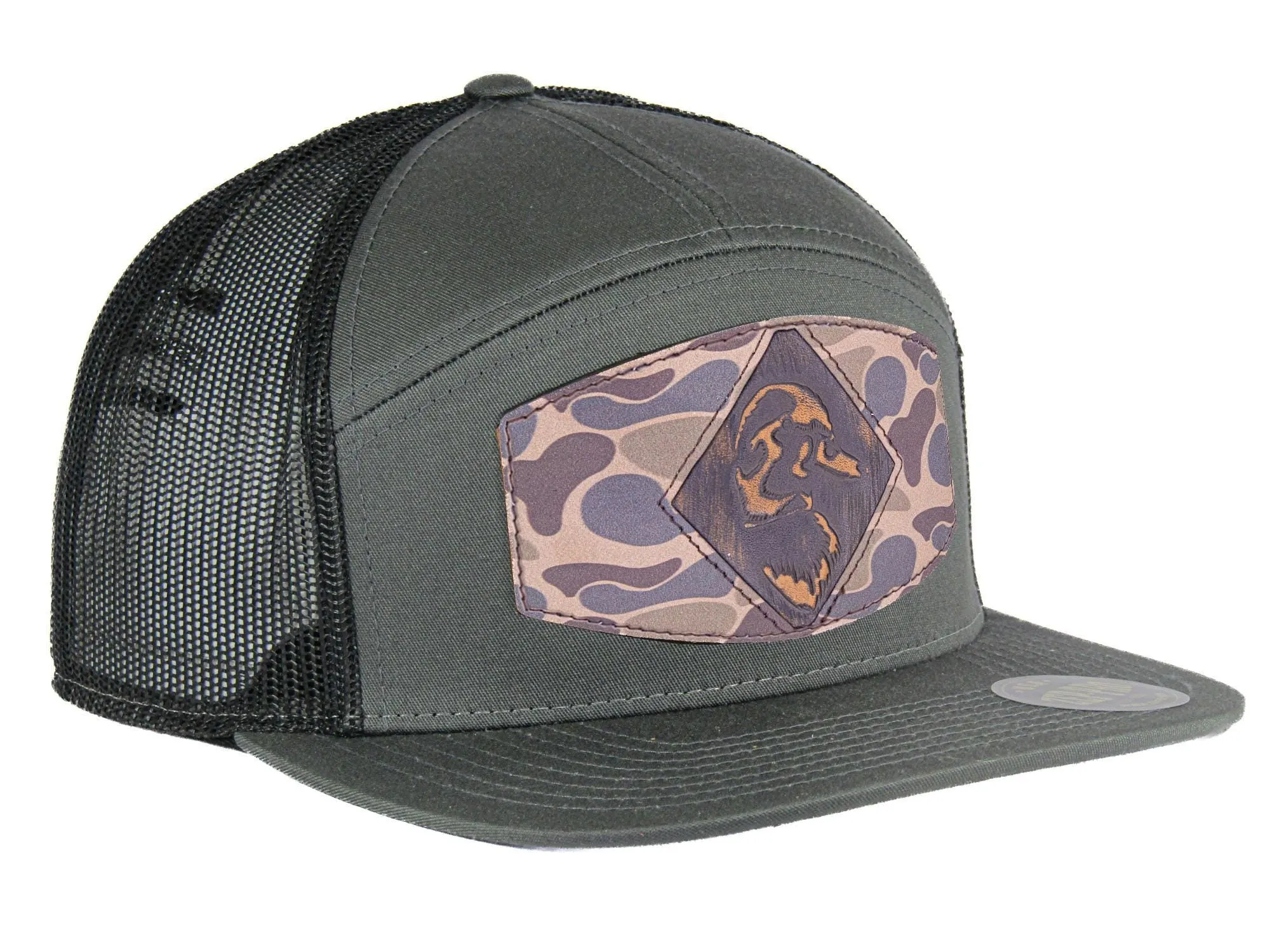 Mallard Old School Camo Brown Leather Patch Hat. 7-Panel Modern Flat Bill Cap. Richardson 168 Snapback Hat. Hand Burnished Leather Patch.