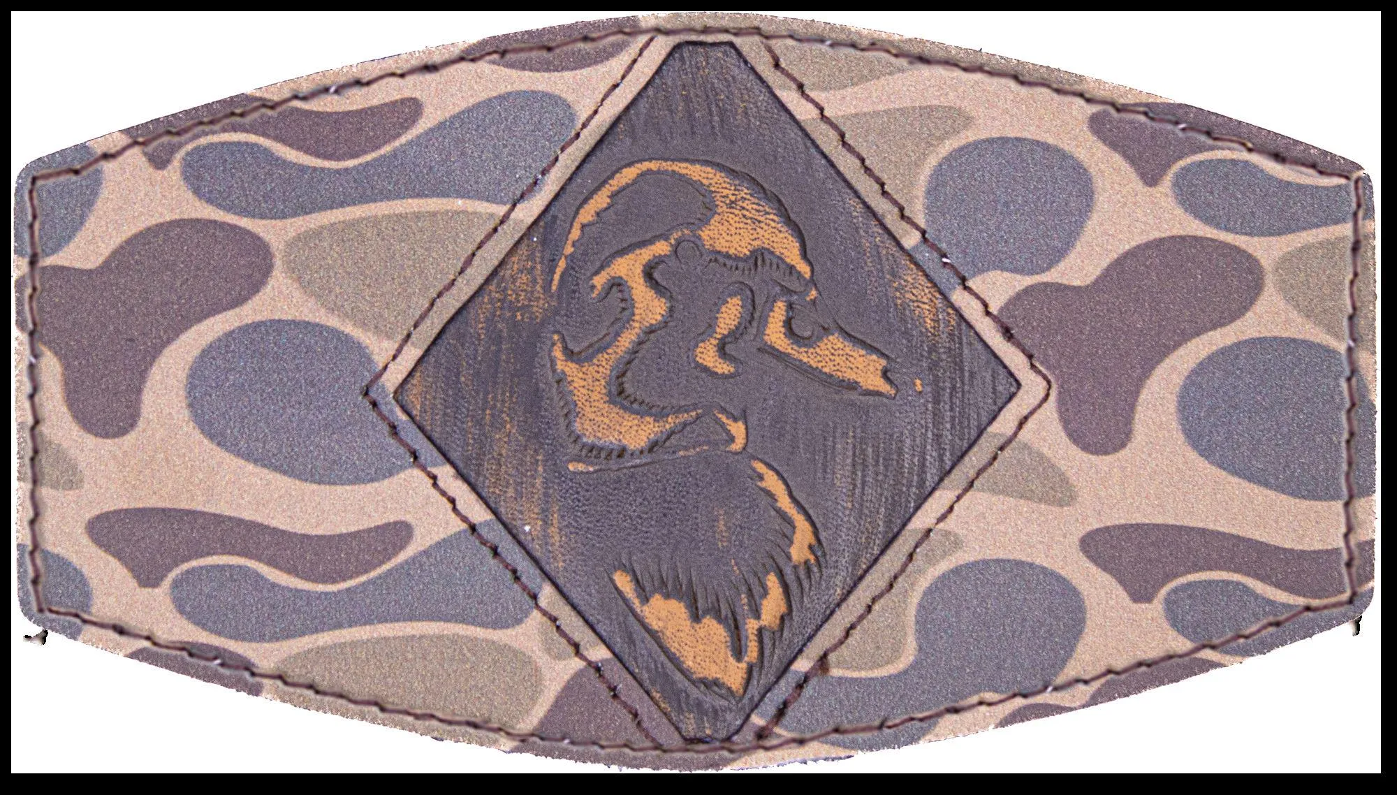 Mallard Old School Camo Brown Leather Patch Hat. 7-Panel Modern Flat Bill Cap. Richardson 168 Snapback Hat. Hand Burnished Leather Patch.