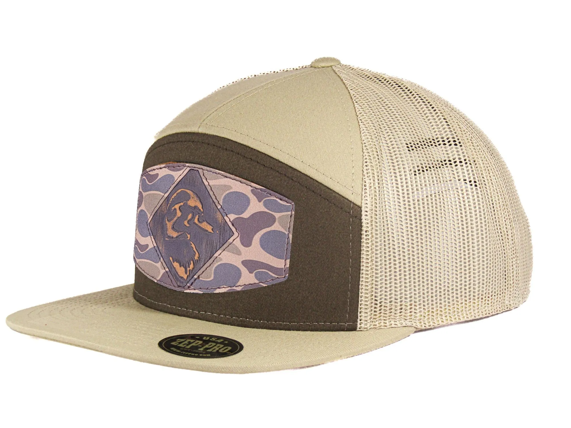 Mallard Old School Camo Brown Leather Patch Hat. 7-Panel Modern Flat Bill Cap. Richardson 168 Snapback Hat. Hand Burnished Leather Patch.