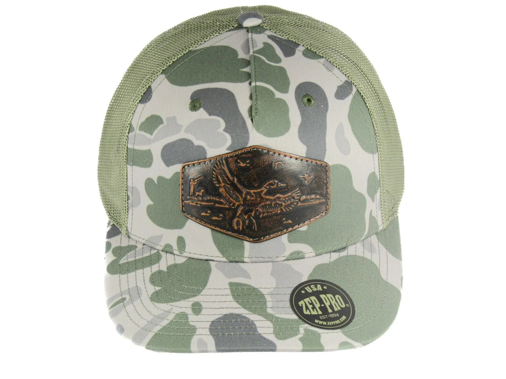 Mallard Old School Camo Trucker Hat. Hand Burnished Full Grain Leather Patch. 5-Panel Richardson 112 Snapback Cap. Stitched Duck Patch.