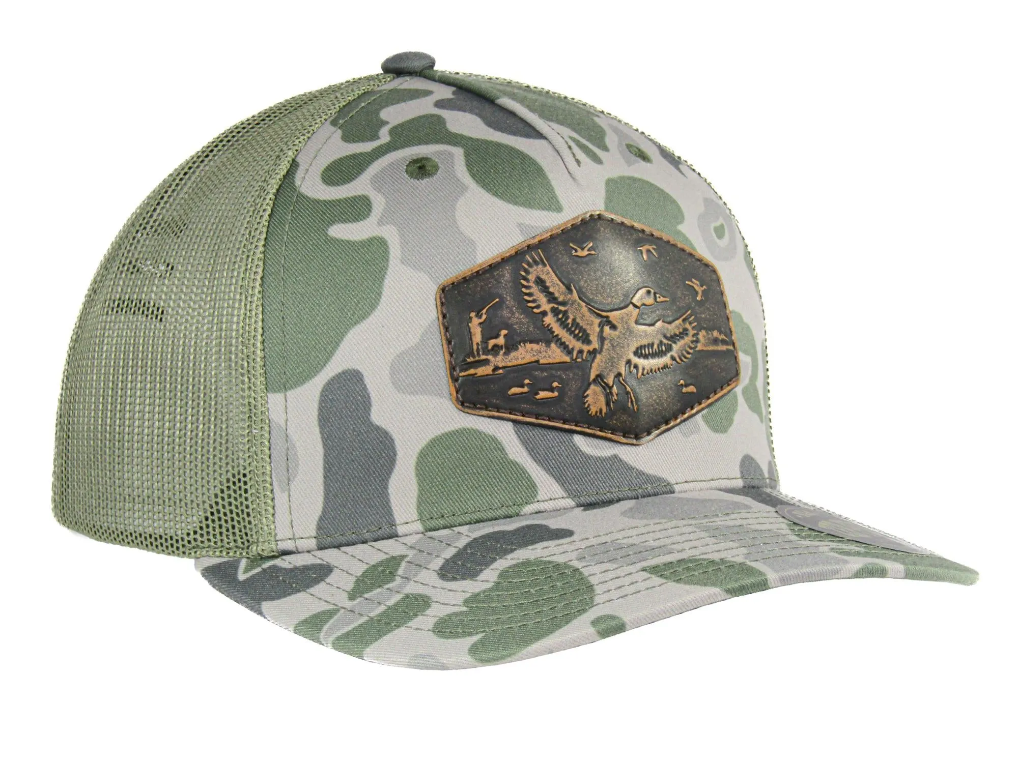 Mallard Old School Camo Trucker Hat. Hand Burnished Full Grain Leather Patch. 5-Panel Richardson 112 Snapback Cap. Stitched Duck Patch.