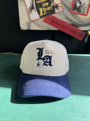 New "To Live and Die in LA"Corduroy Snap Back Cap in Natural/Navy