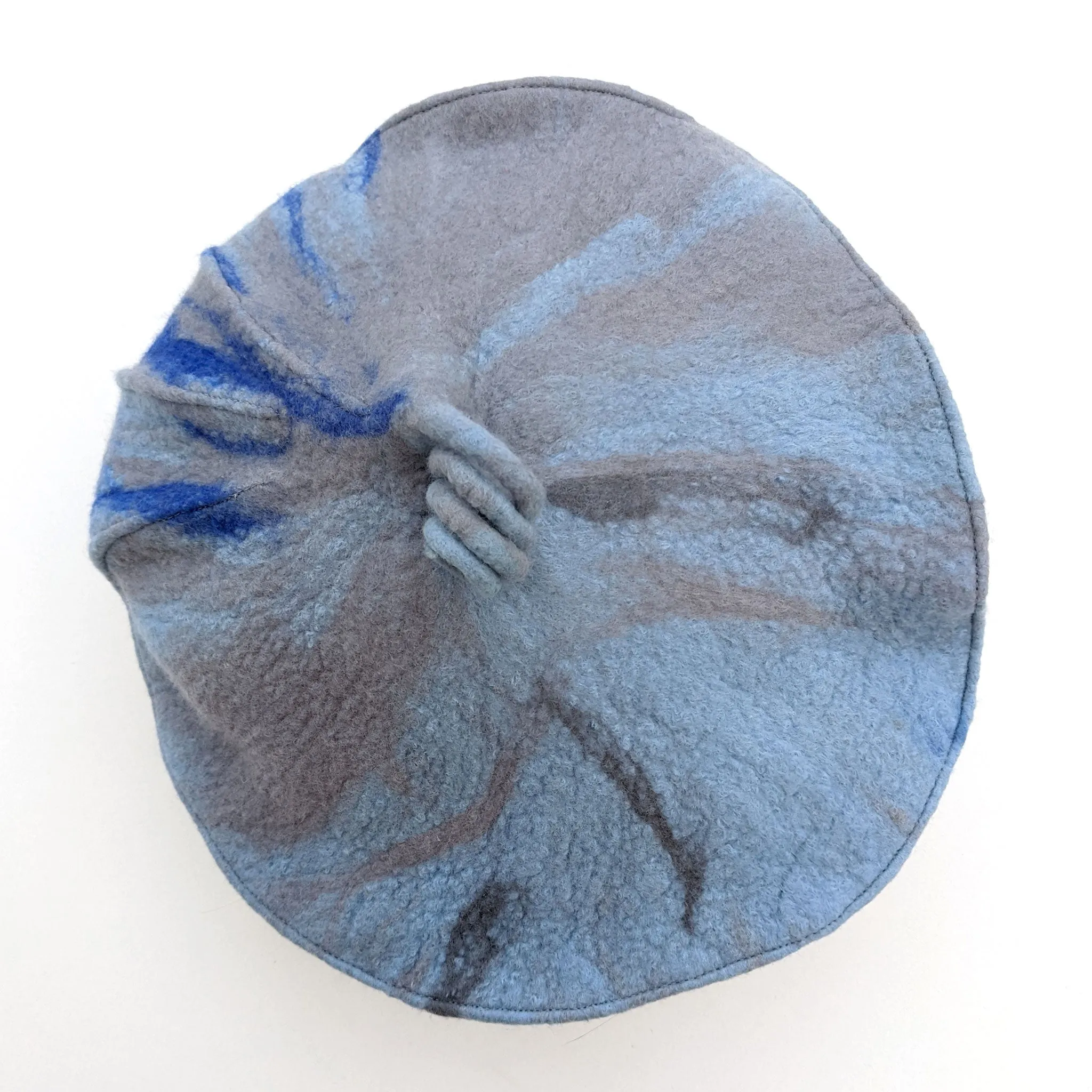 Pale Gray Blue Curlicue Beret with Royal Blue Marbling