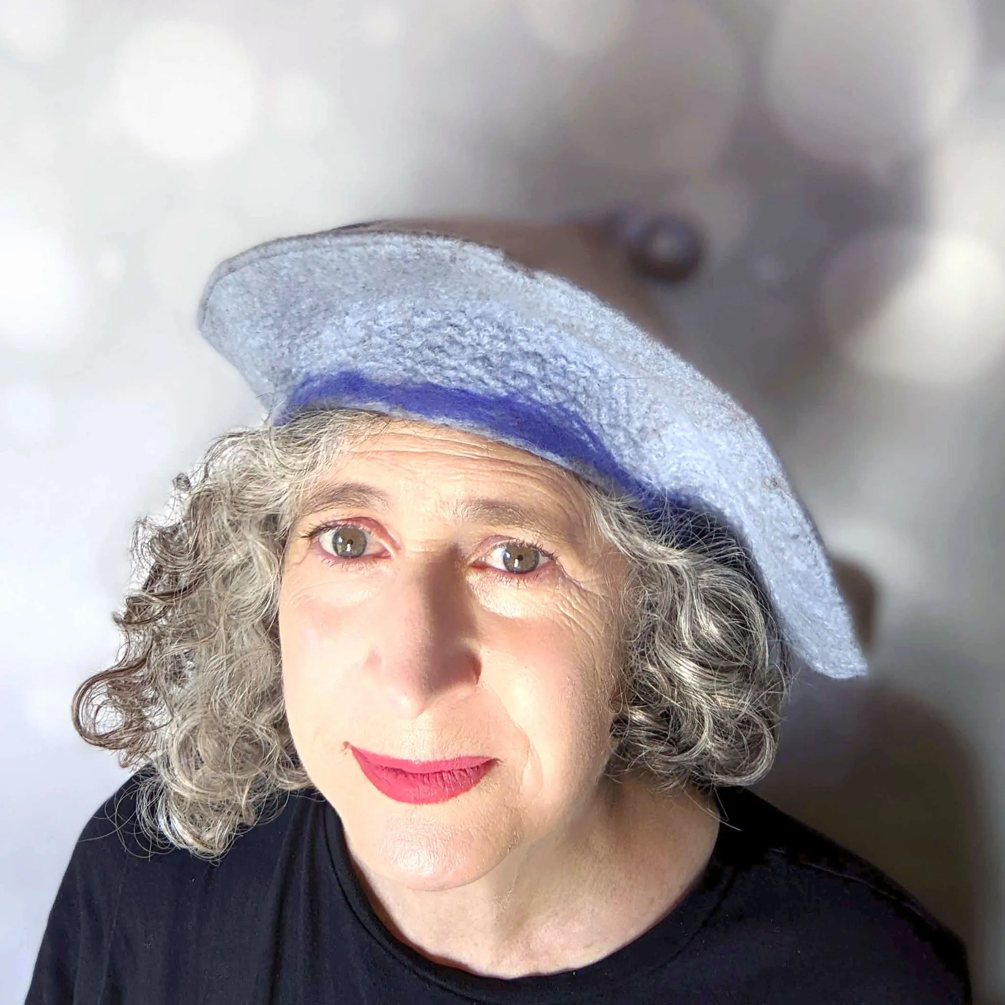 Pale Gray Blue Curlicue Beret with Royal Blue Marbling
