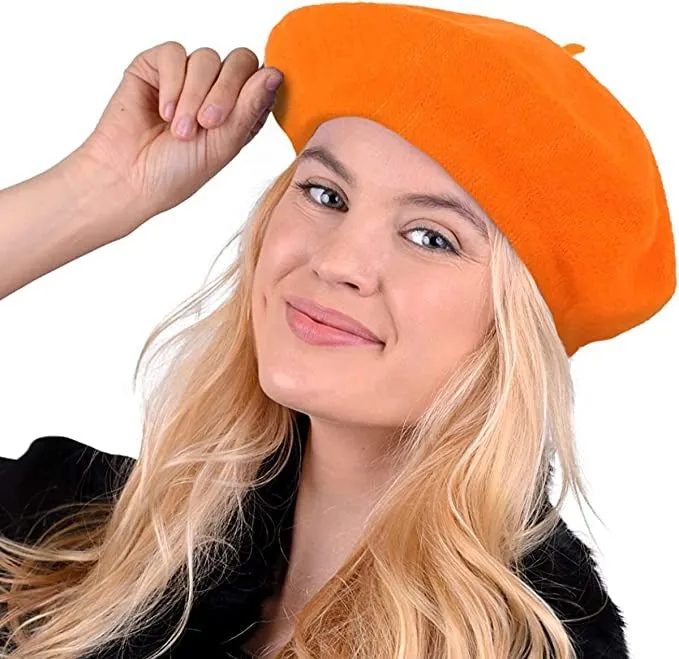 Parquet Solid Color French Beret Wool Material. Classic French, Casual and Chic Lightweight Beanie Cap Hat Fuchsia - Orange