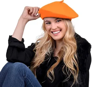 Parquet Solid Color French Beret Wool Material. Classic French, Casual and Chic Lightweight Beanie Cap Hat Fuchsia - Orange