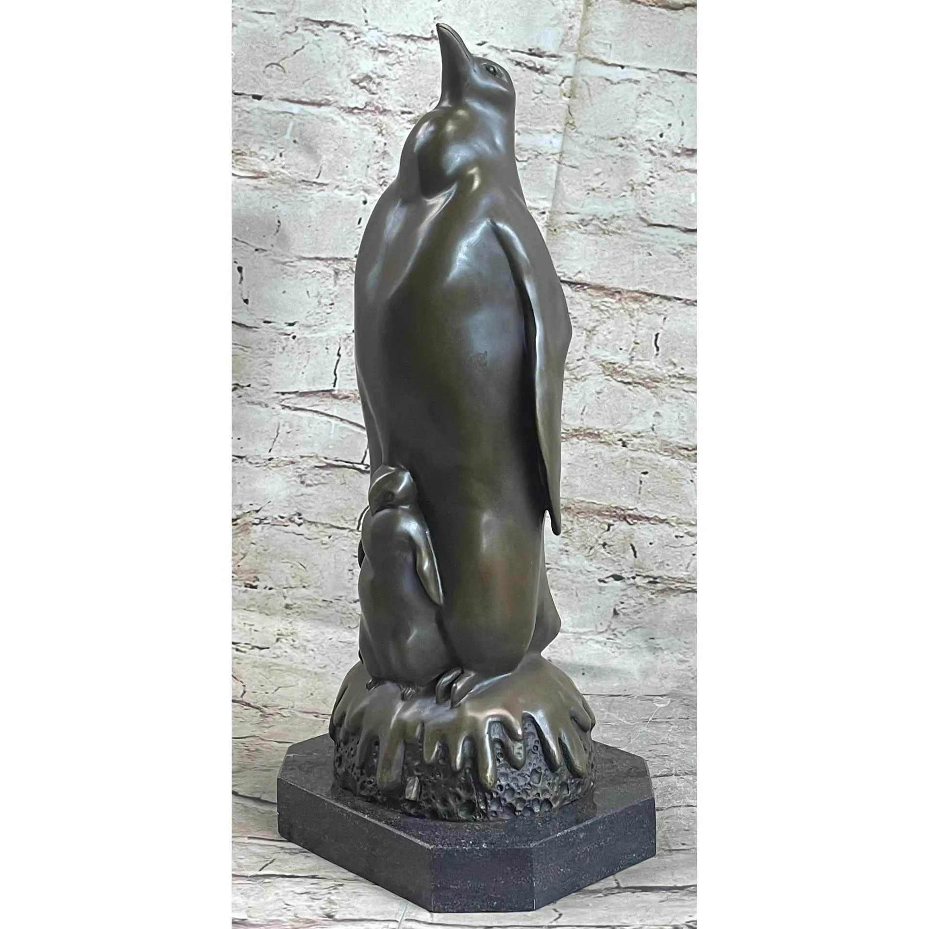 Penguin and Baby Chick Nestling Bronze Statue Sculpture Collectible