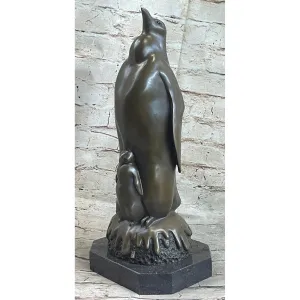 Penguin and Baby Chick Nestling Bronze Statue Sculpture Collectible