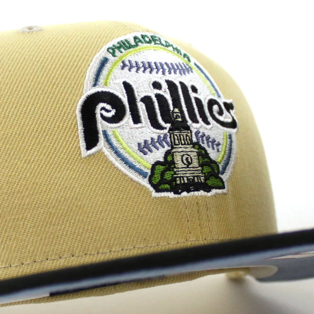 Philadelphia Phillies Veterans Stadium 59Fifty New Era Fitted Hat (VEGAS GOLD BLACK BIRDSEYE BLUE Under Brim)